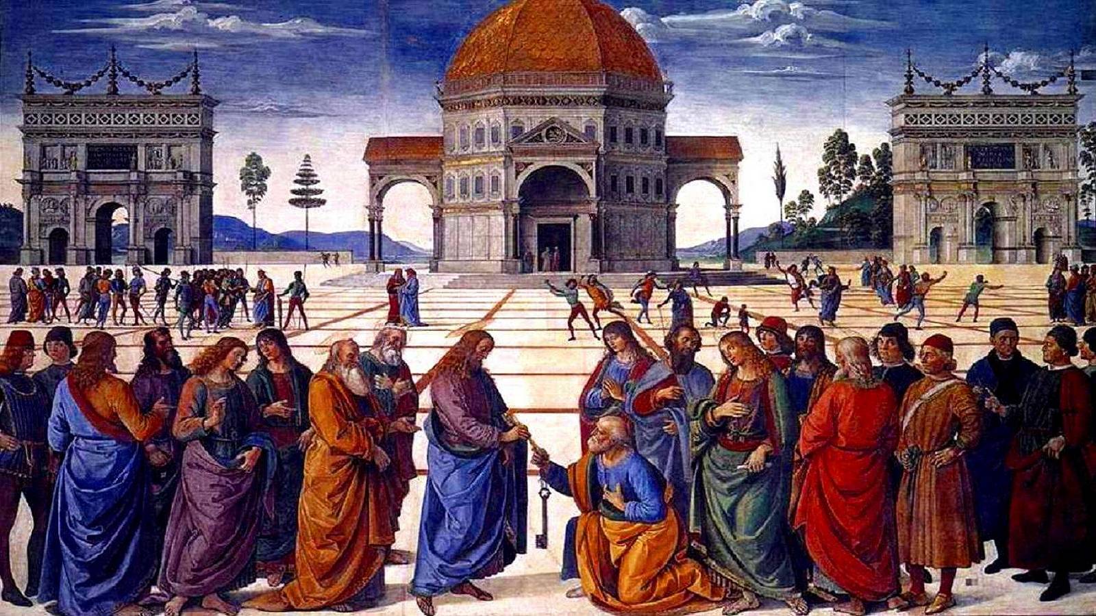http://en.wikipedia.org/wiki/Confession_of_Peter#mediaviewer/File:Christ_Handing_the_Keys_to_St._Peter_by_Pietro_Perugino.jpg